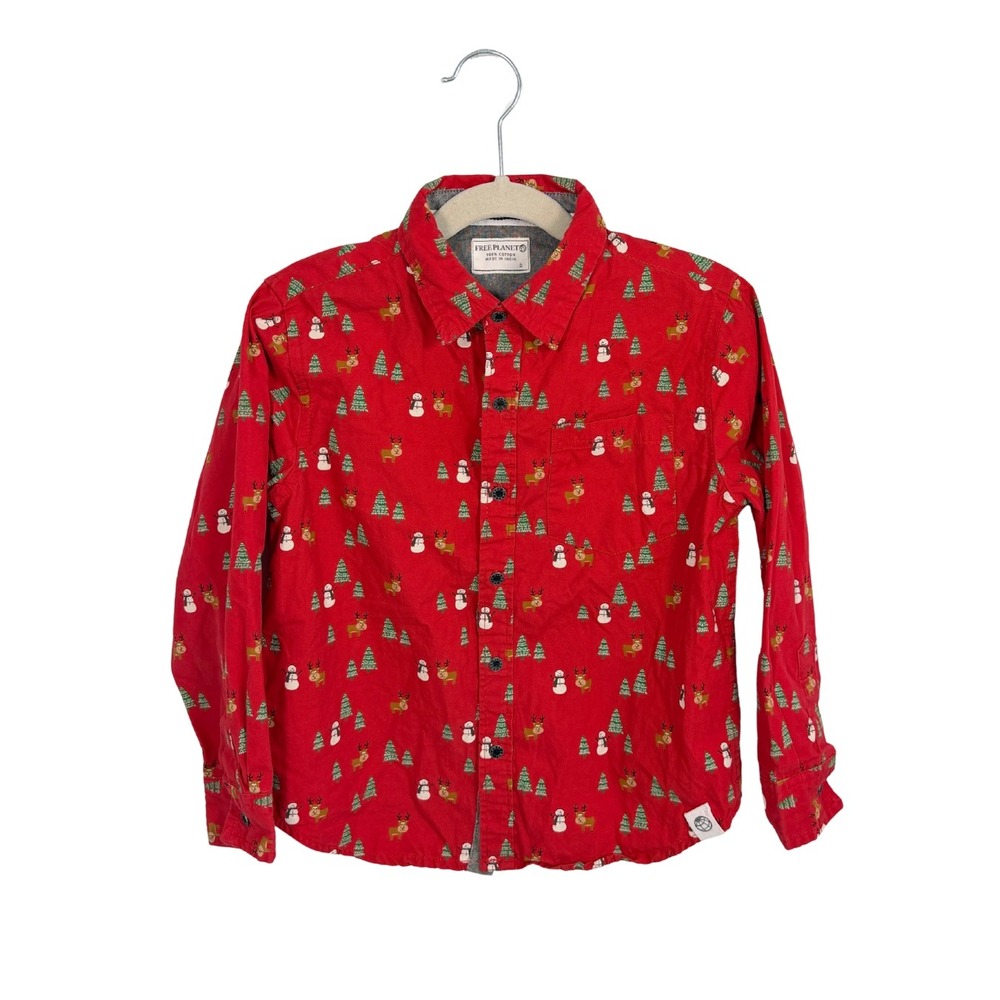 Free Planet Boys Red Holiday Button Down Shirt Snowman Reindeer Size 5